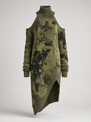 Robe midi kaki à motif camouflage et découpes — pièce isolée, vue de face