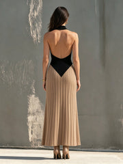 Robe longue noire et camel à encolure américaine — dos avec mannequin