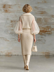 Robe midi beige à manches organza — dos avec mannequin