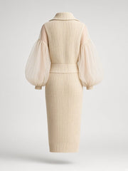 Robe midi beige à manches organza — pièce isolée, vue de dos
