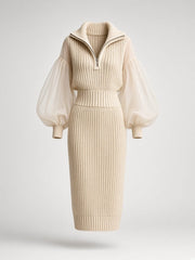 Robe midi beige à manches organza — pièce isolée, vue de face