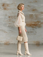 Robe midi beige à manches organza — profil avec mannequin