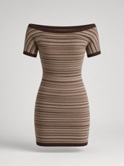 Robe mini brune rayée à épaules dénudées — pièce isolée, vue de dos
