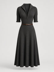 Robe midi anthracite ceinturée en tweed — pièce isolée, vue de face
