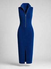 Robe midi bleu royal à col zippé — pièce isolée, vue de face