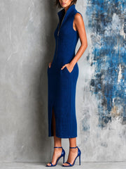 Robe midi bleu royal à col zippé — profil avec mannequin