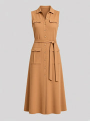 Robe midi camel à poches multiples — pièce isolée, vue de face