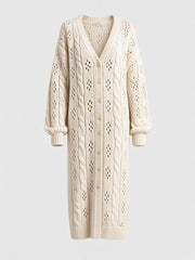 Robe midi beige clair à maille ajourée — pièce isolée, vue de face