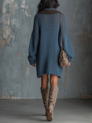 Robe bleue à col contrasté brun — dos avec mannequin