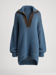 Robe bleue à col contrasté brun — pièce isolée, vue de face
