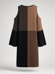 Robe midi noire et brune à manches évasées — pièce isolée, vue de dos