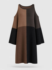 Robe midi noire et brune à manches évasées — pièce isolée, vue de face