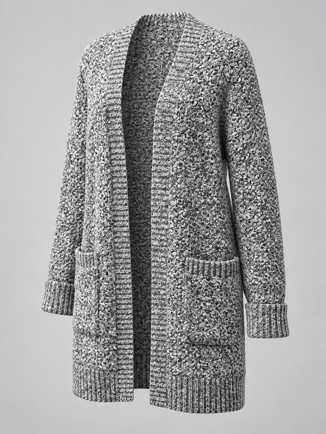 Cardigan gris chiné à poches, pièce isolée de trois quarts