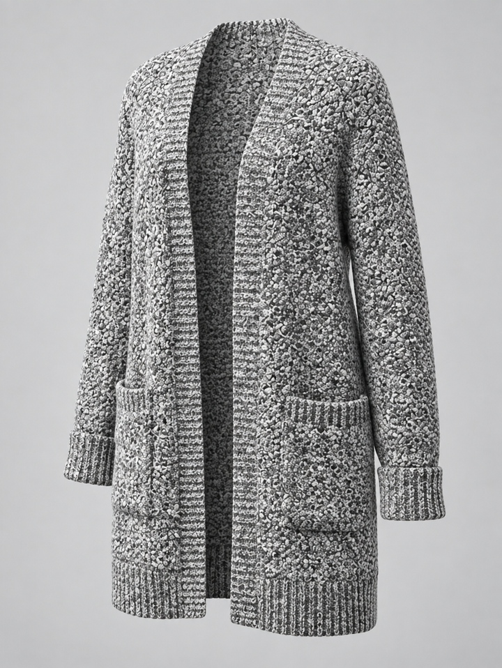 Cardigan gris chiné à poches, pièce isolée de trois quarts