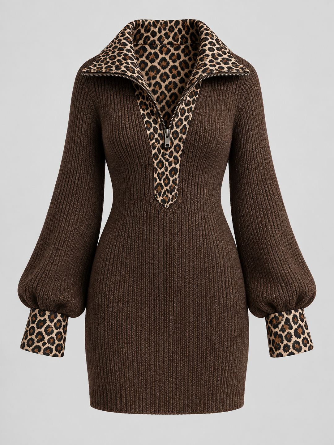 Robe courte brune à col et poignets léopard, seule de face