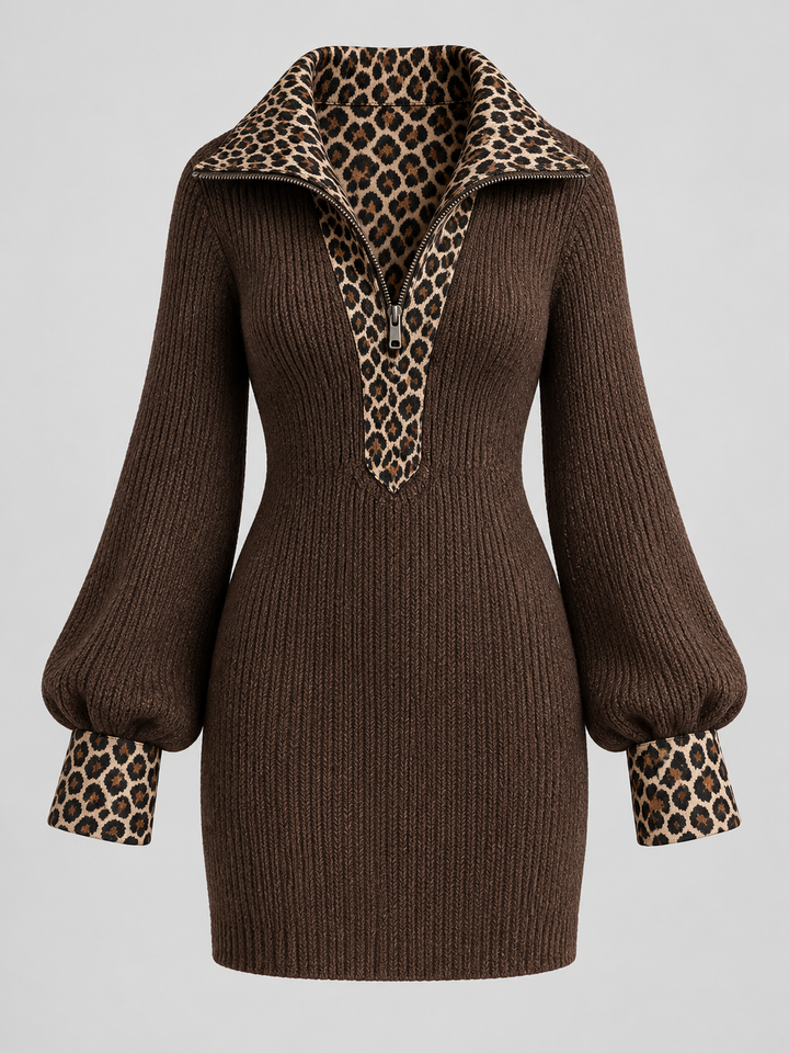 Robe courte brune à col et poignets léopard, seule de face