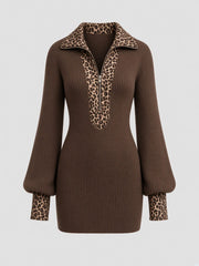 Robe courte brune aux accents léopard — pièce isolée, vue de face