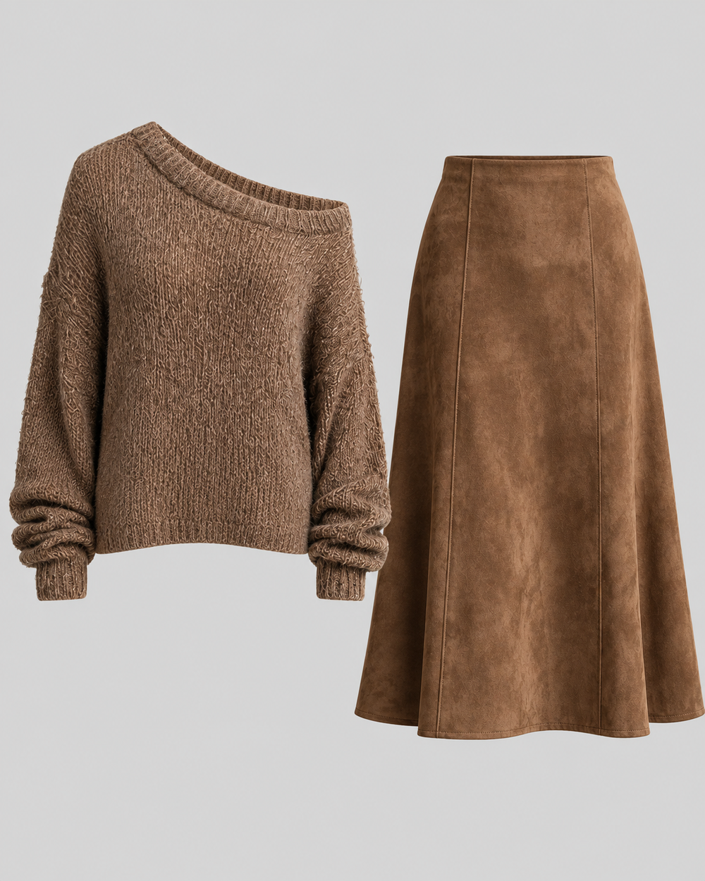 Ensemble pull asymétrique et jupe midi marron, pièces seules de face