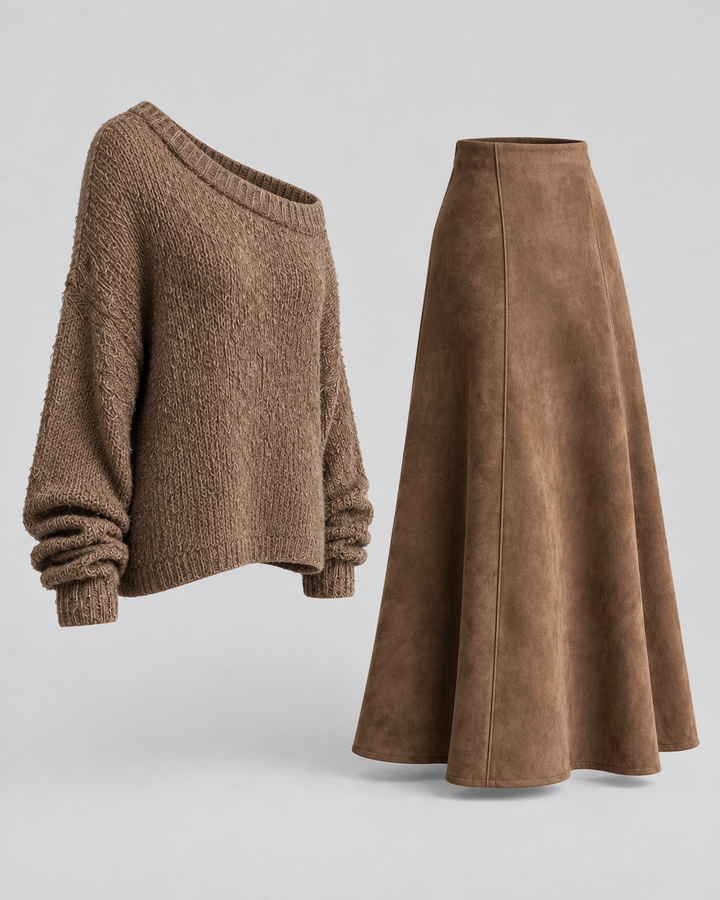 Ensemble pull asymétrique et jupe midi marron, pièces seules de trois quarts