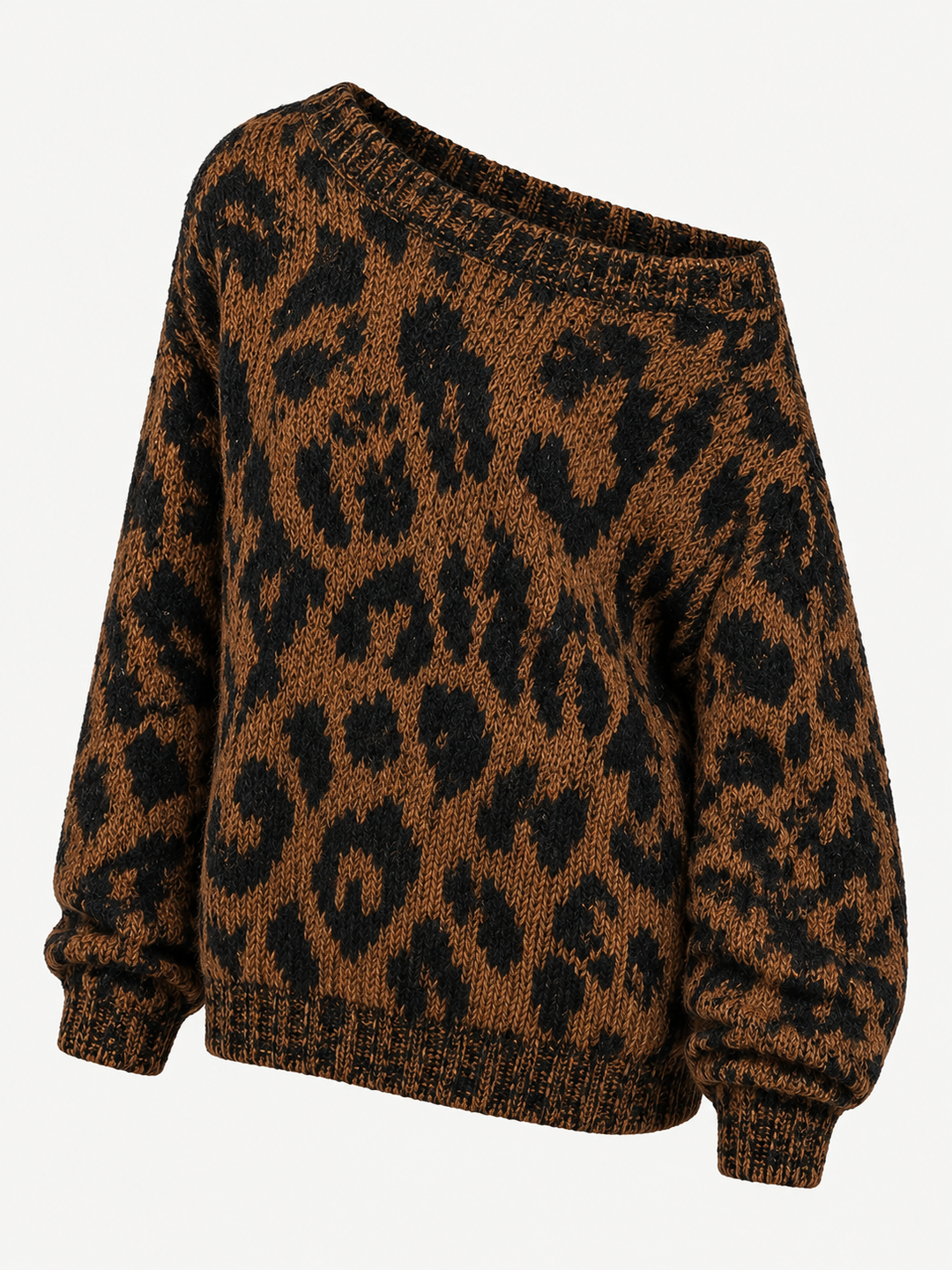 Pull léopard brun et noir seul, vue de trois quarts