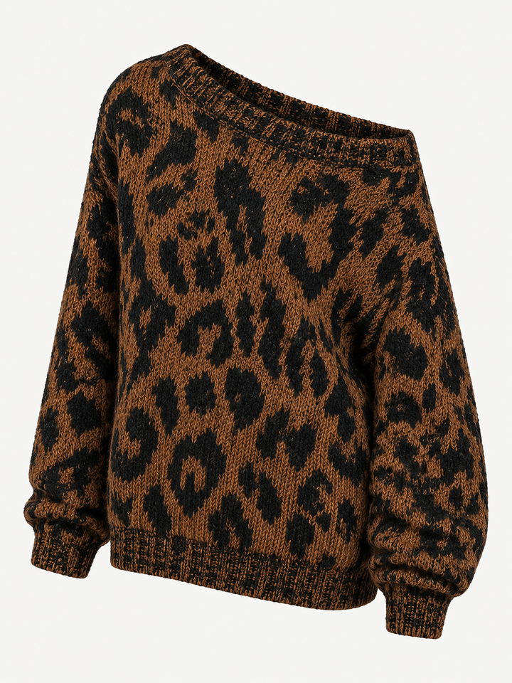 Pull léopard brun et noir seul, vue de trois quarts