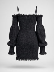 Robe noire chinée à épaules dégagées — pièce isolée, vue de dos