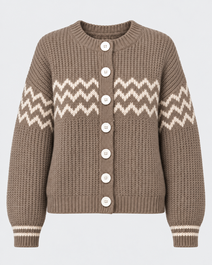 Cardigan taupe à motifs écrus seul, vue de face