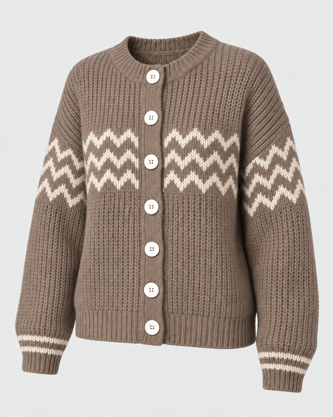 Cardigan taupe à motifs écrus seul, vue de trois quarts