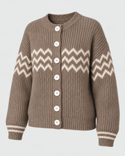 Cardigan taupe à motifs écrus seul, vue de trois quarts