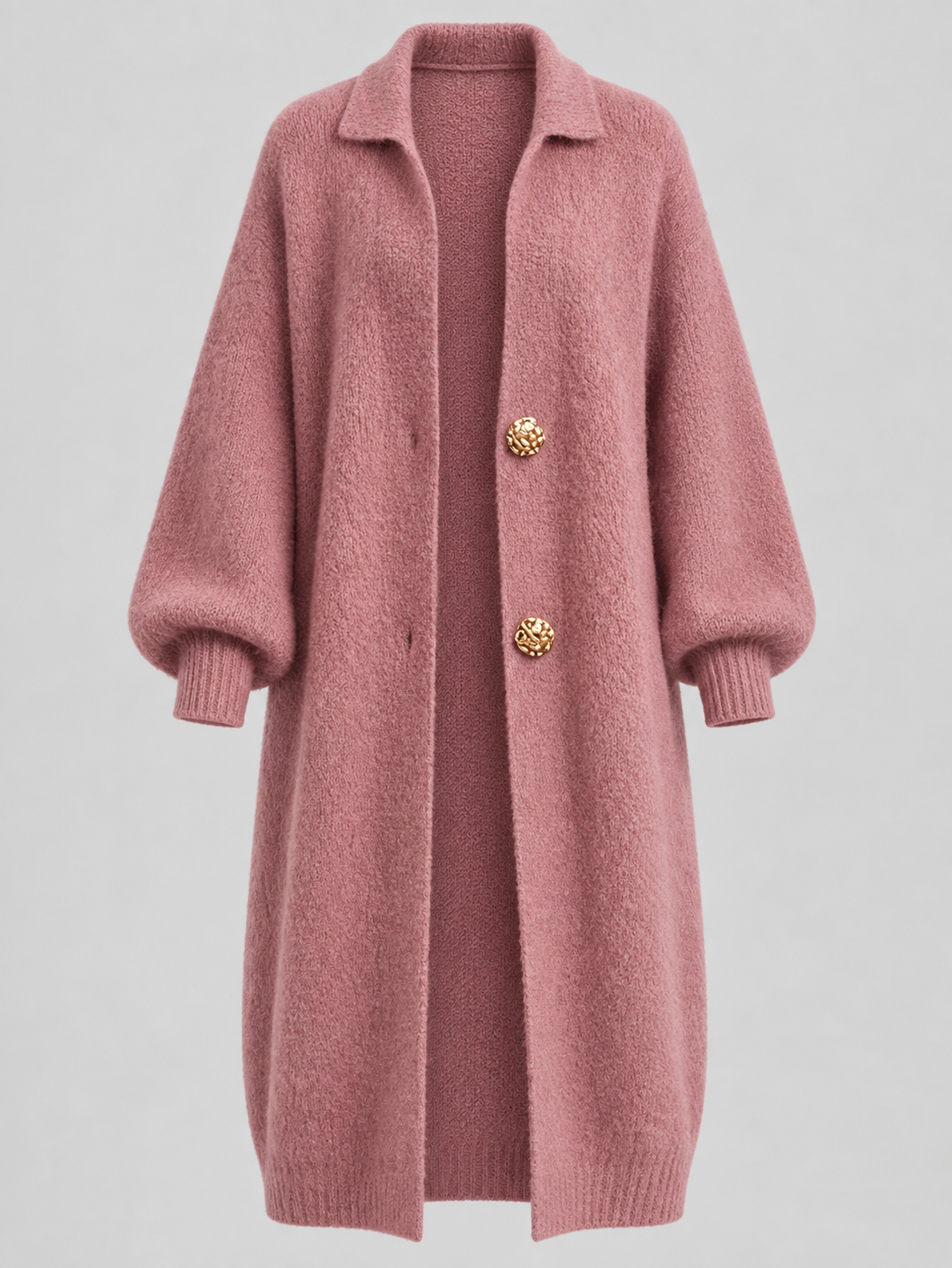 Cardigan long vieux rose à deux boutons dorés, pièce isolée de face