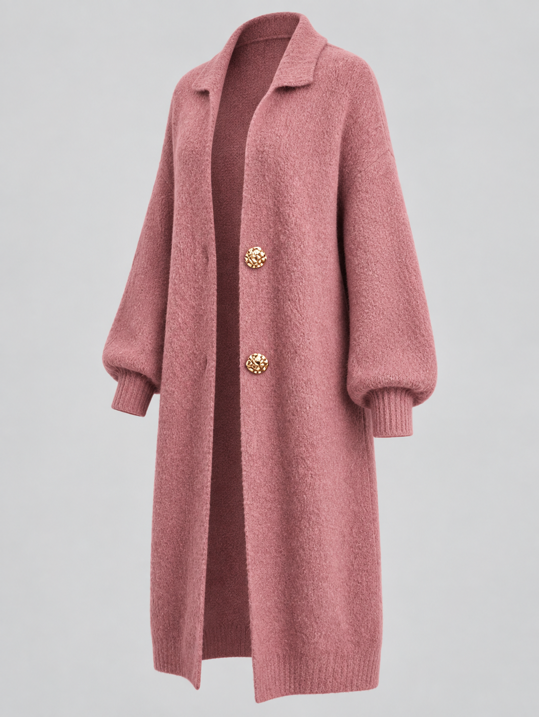 Cardigan long vieux rose à deux boutons dorés, pièce isolée de trois quarts