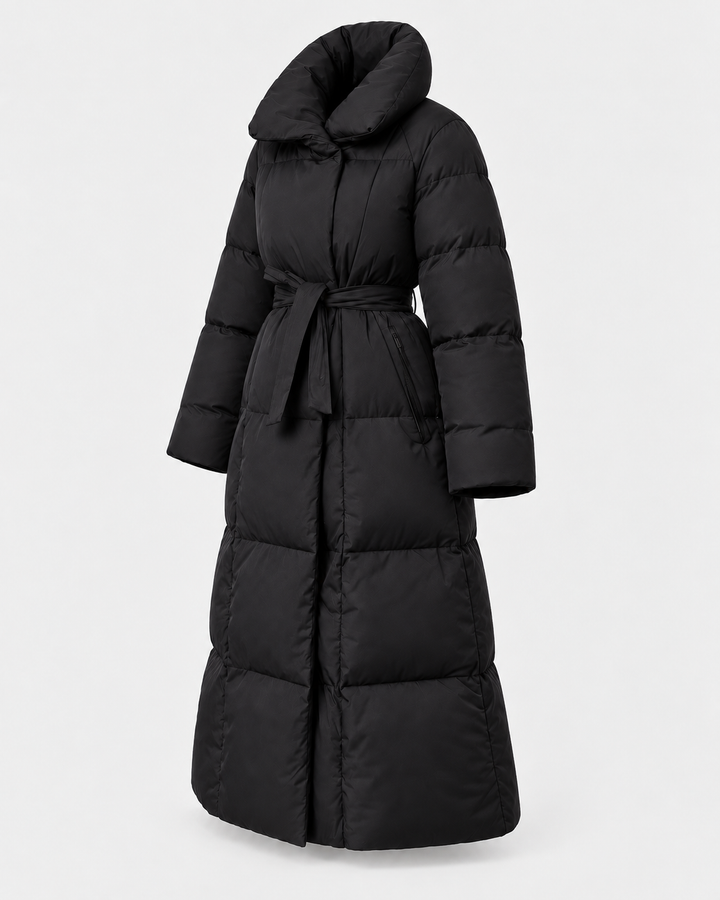 Manteau matelassé noir à large col, vue isolée de trois quarts