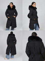 Parka longue noire à capuche — vue de côté.