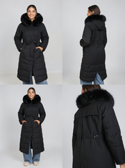 Parka longue noire à capuche — vue de dos.