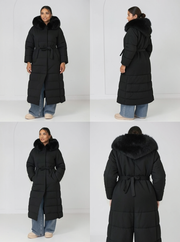 Parka longue noire à capuche — détail.