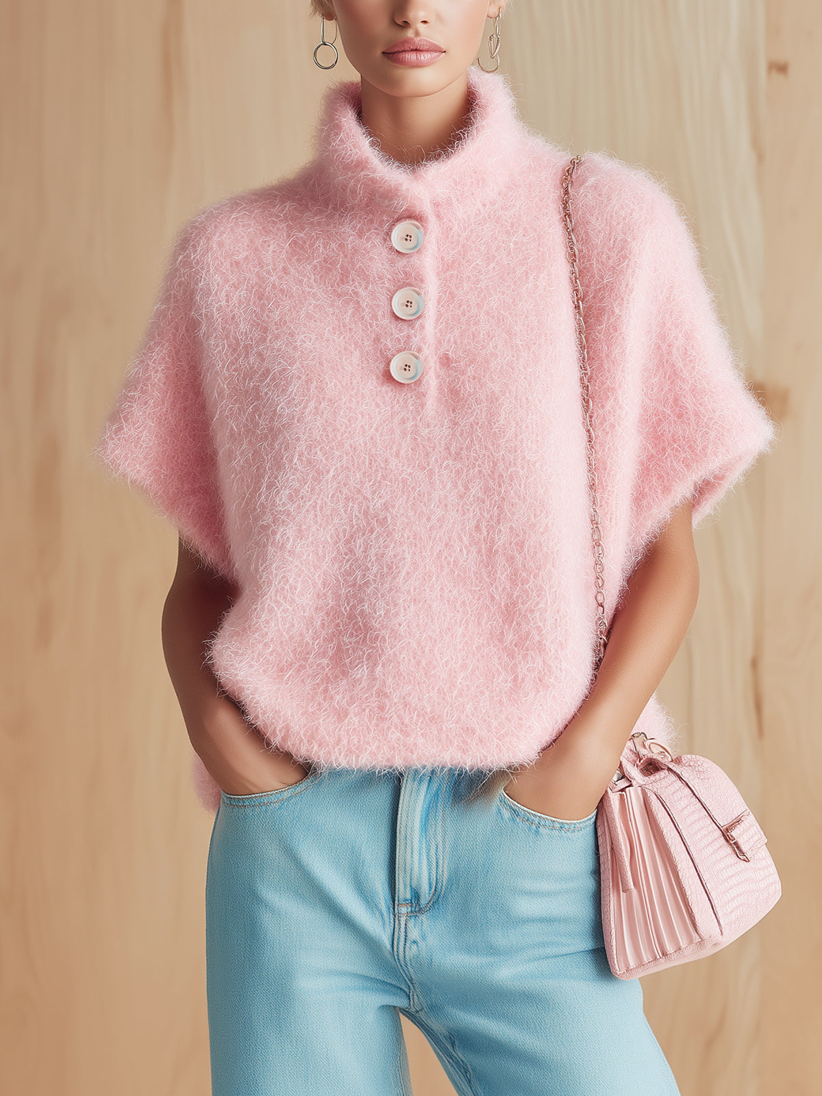 Pull rose boutonné col montant — vue portée de face, mains dans les poches, petit sac rose