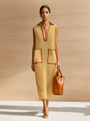 Robe maxi beige à blocs — vue portée en pied, debout de face