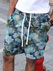 Short à motif floral — détail ceinture élastique, cordon blanc et poches