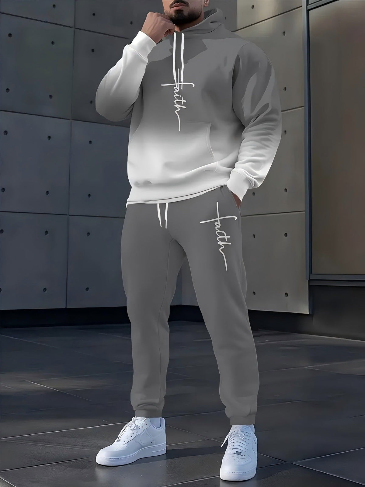 Ensemble sweat à capuche dégradé gris — vue portée en pied