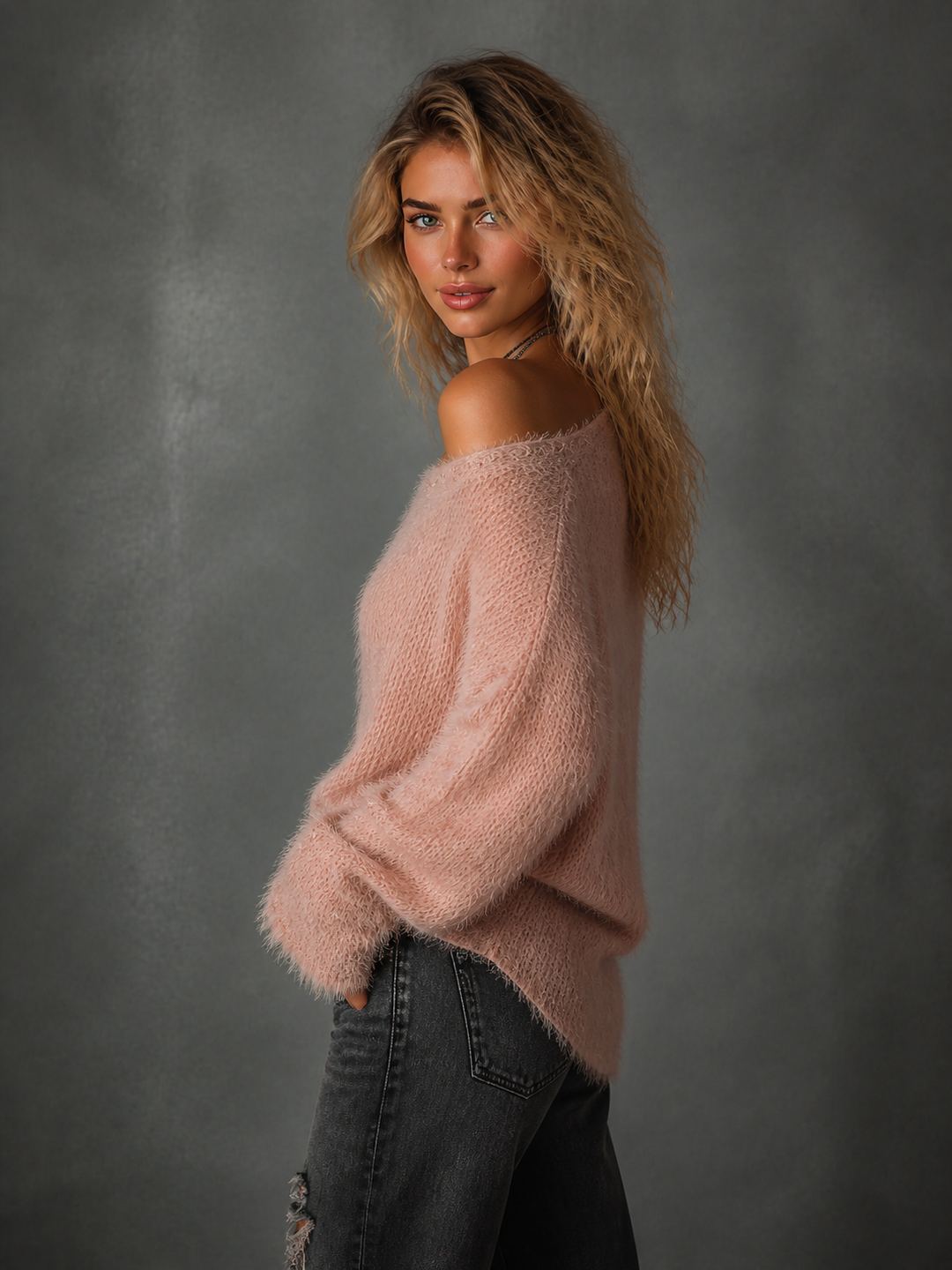 Pull rose poudré à encolure dégagée — vue de dos. Soniel Paris.