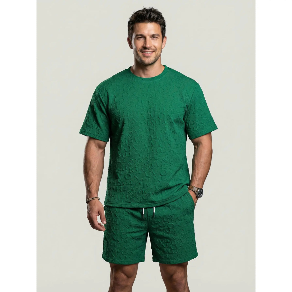 Ensemble jacquard deux pièces vert émeraude — vue portée de face, en pied