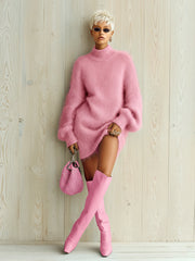 Robe courte ample col montant rose — vue portée en pied