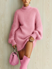 Robe courte ample col montant rose — vue portée de face