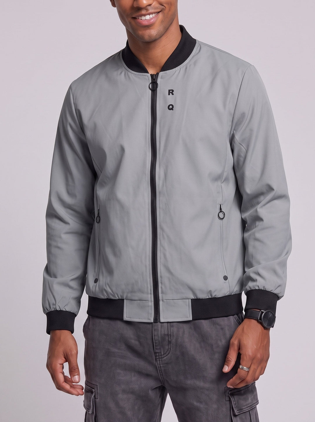 Veste zippée à col montant grise — vue de face