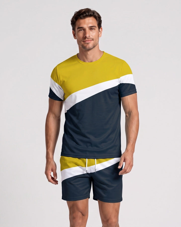 Ensemble t-shirt à blocs de couleur et short, porté