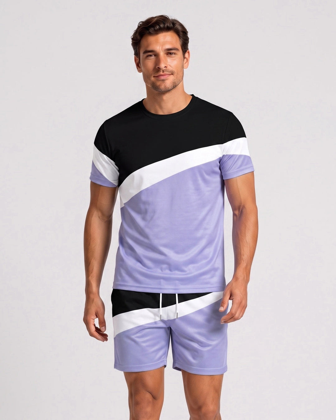 Ensemble t-shirt à blocs de couleur et short, porté