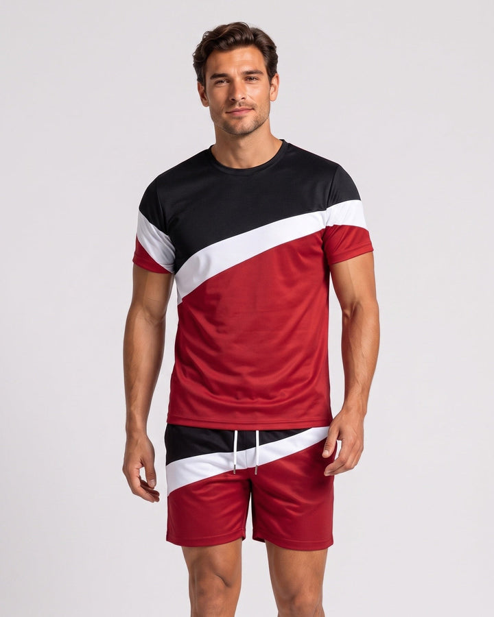 Ensemble t-shirt à blocs de couleur et short, porté