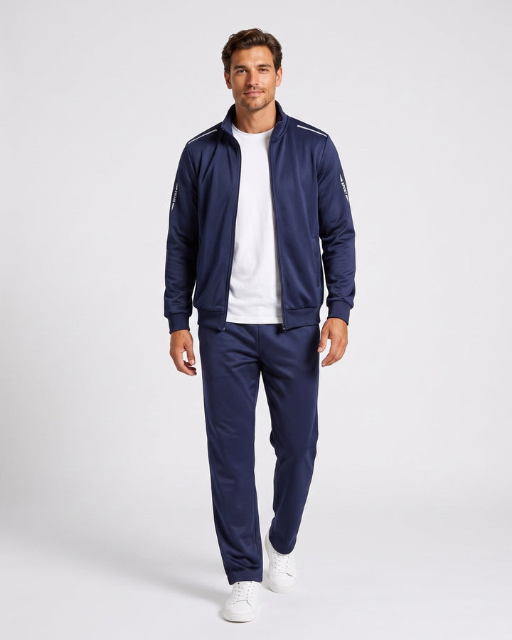 Ensemble veste zippée et pantalon bleu marine — vue de face