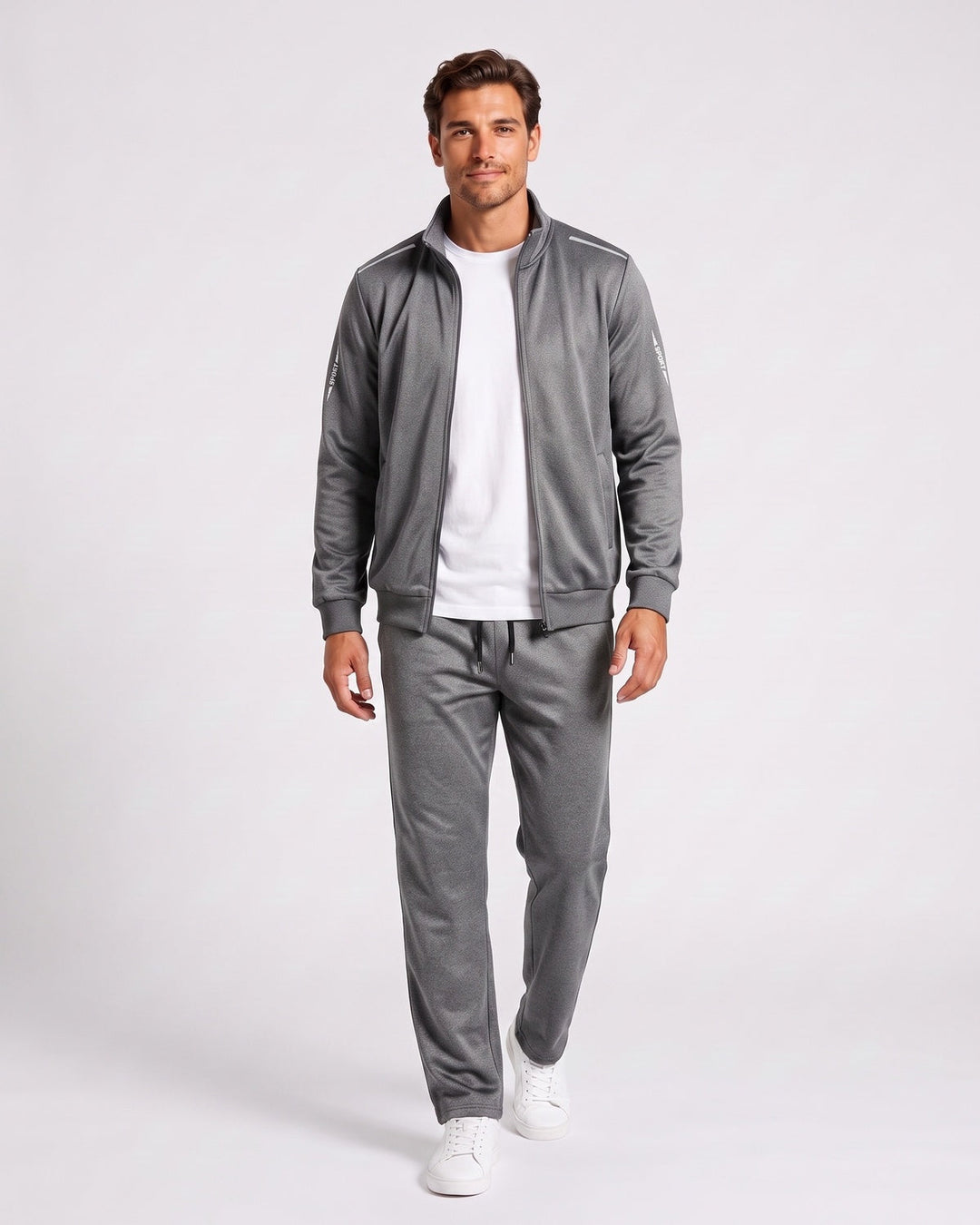 Ensemble veste zippée et pantalon gris — vue de face