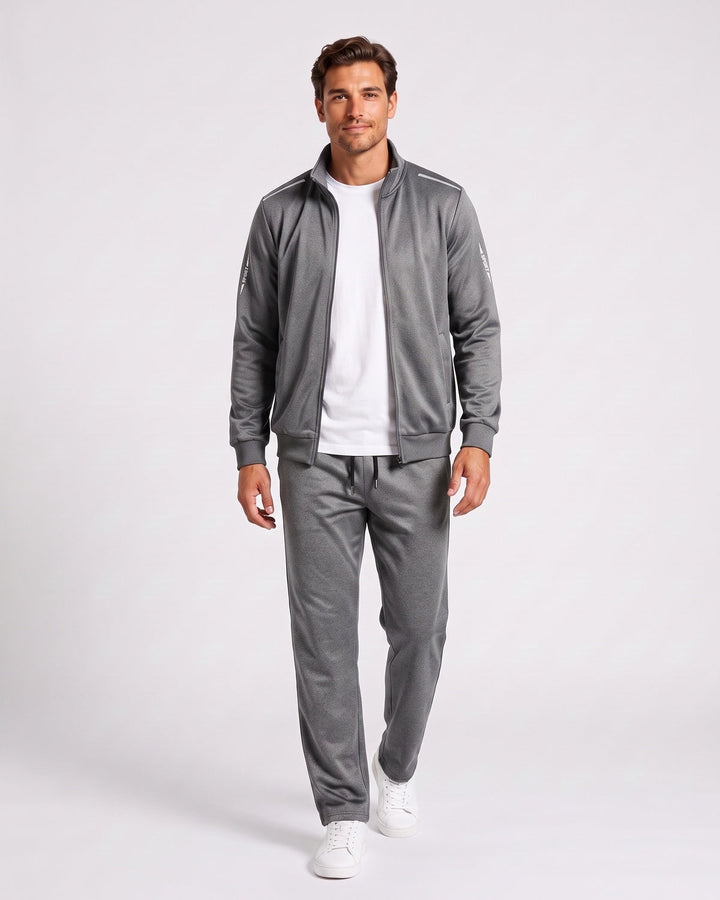Ensemble veste zippée et pantalon gris — vue de face